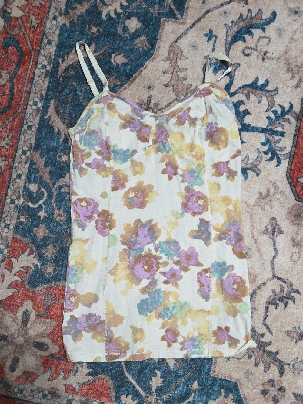 Decree White Floral Satin Cami with Purple & Yellow Flowers